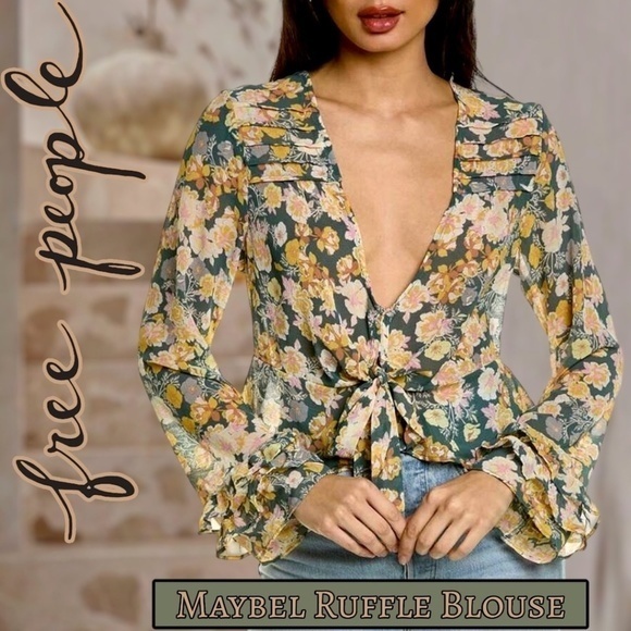 FREE PEOPLE Maybel Tie-Front Ruffled Blouse (Green/Pink) - Picture 1 of 14
